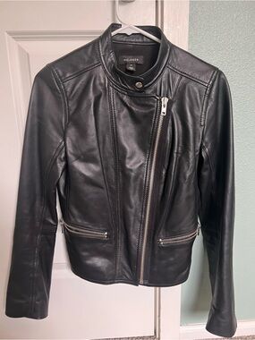 Halogen Black Leather Asymmetric Zip Moto Jacket